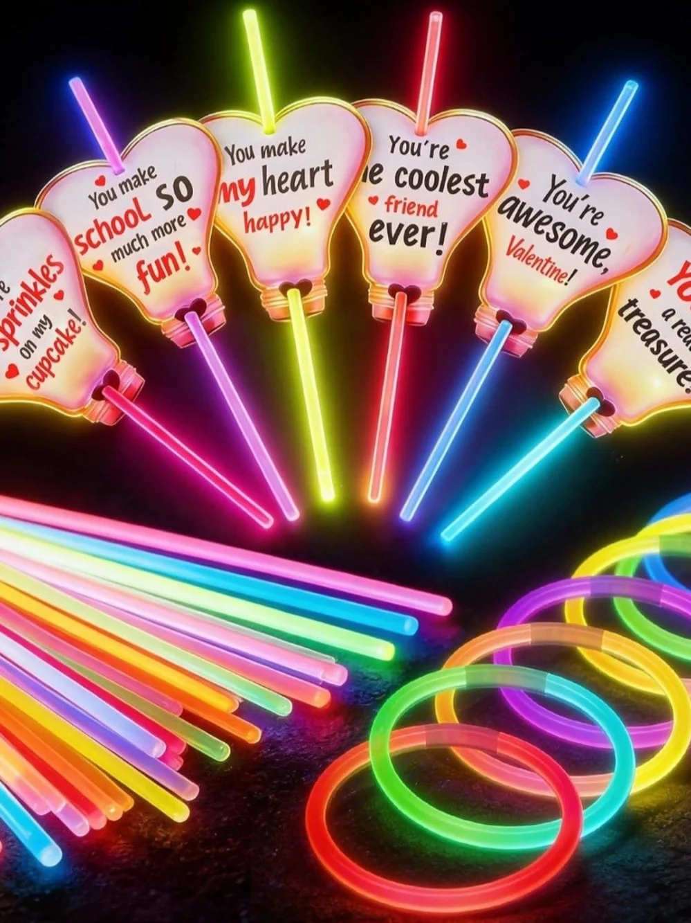 36 Pack Neon Valentine's Day Gift Bulb Cards with Glow Sticks